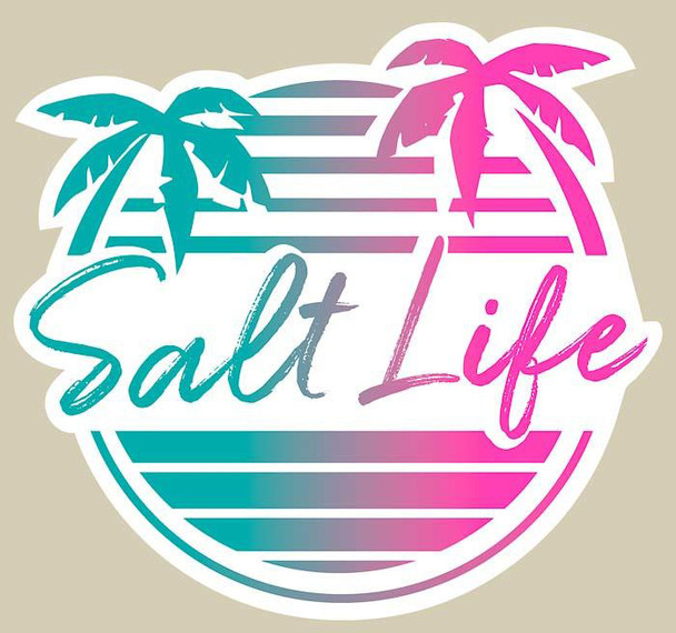 salt life vinyl die cut sticker palm trees salt life logo text signature pink and green