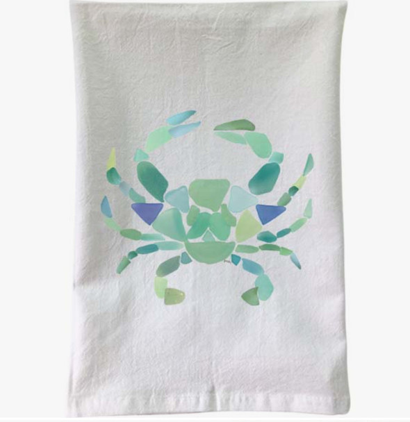 crab sea glass flour sack kitchen tea towel