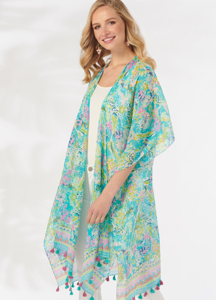 aqua coastal sea life kimono with tassels