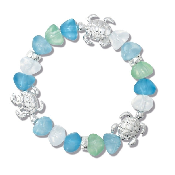 aqua green and blue sea glass stretch bracelet with silver sea turtle