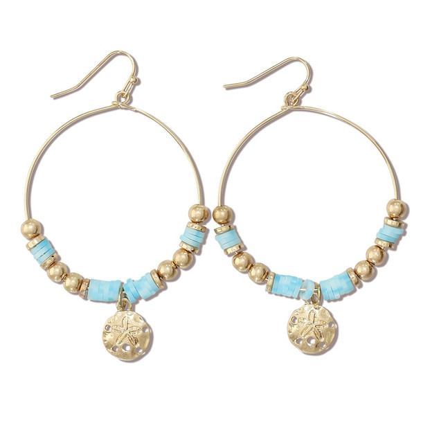 gold beaded hoop earrings with sanddollar charm