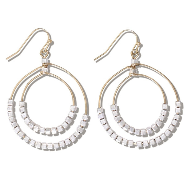 two-tone double row beaded hoop earrings grey and gold
