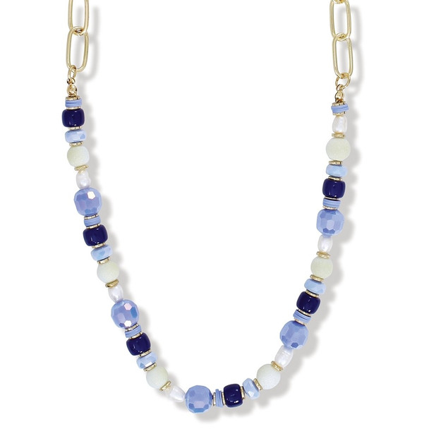 blue beaded necklace with gold links