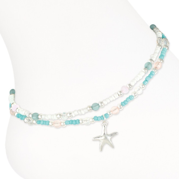 aqua turquoise double strand layered seed bead anklet with starfish charm