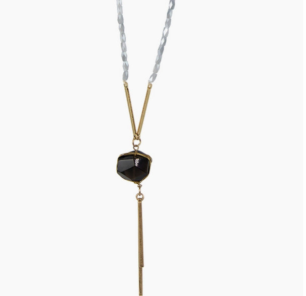 Glass bead pendant necklace with bar tassel black grey beads
