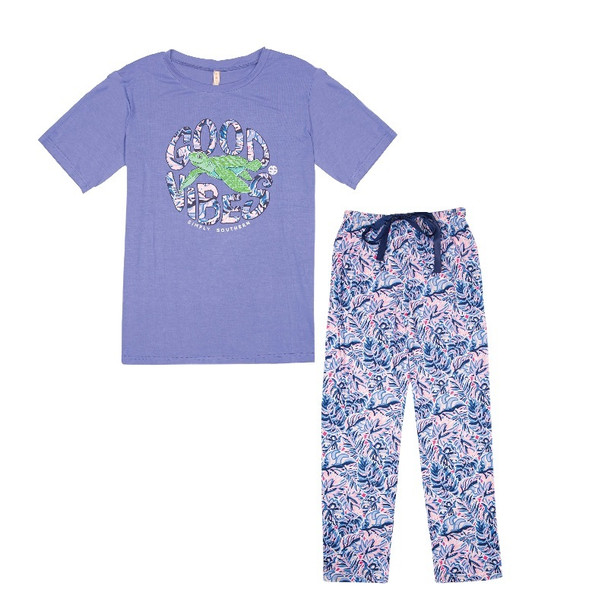 simply southern youth kids girls' pajama t-shirt lounge pants pajama set good vibes sea turtle palm