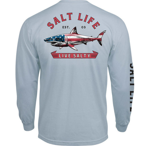 salt life red, white and bite long sleeve t-shirt patriotic shark