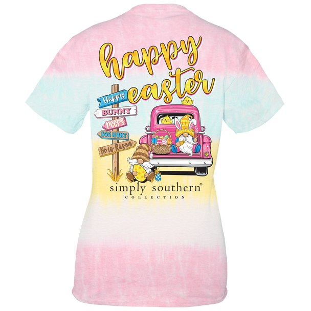 simply southern happy easter youth kids tie dye t-shirt with truck signs baby chicks gnome