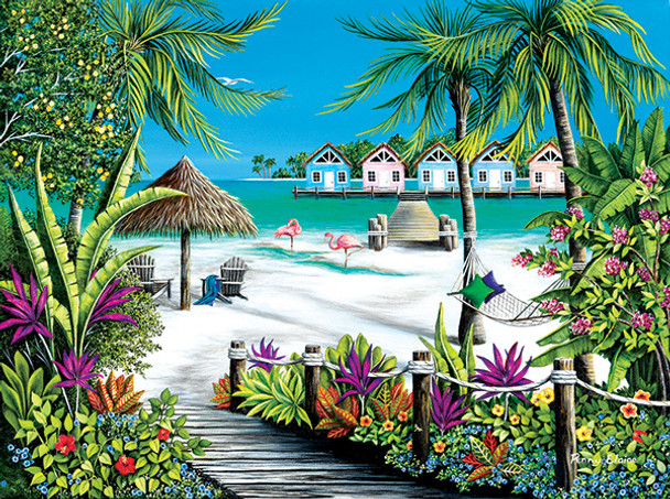 tropical escape coastal beach puzzle cabanas palm trees hammock flamingos