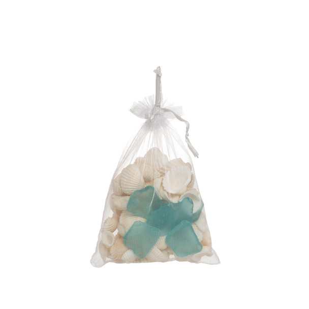 small organza bag of seashells and sea glass white scallop shells