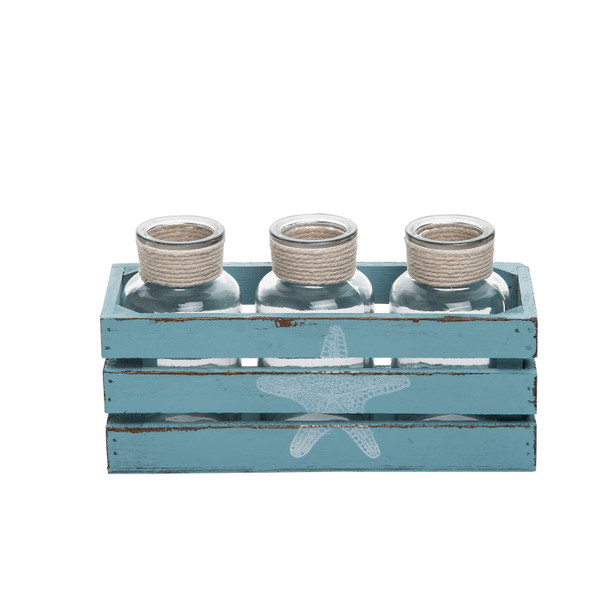 turquoise aqua wood crate with three glass bottles starfish