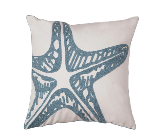 embroidered blue starfish coastal throw pillow
