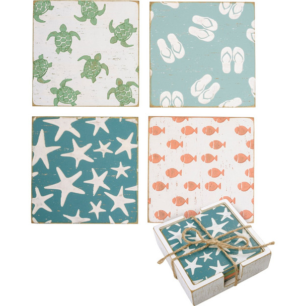 coastal wood coaster set sea turtle starfish, fish, flip-flops