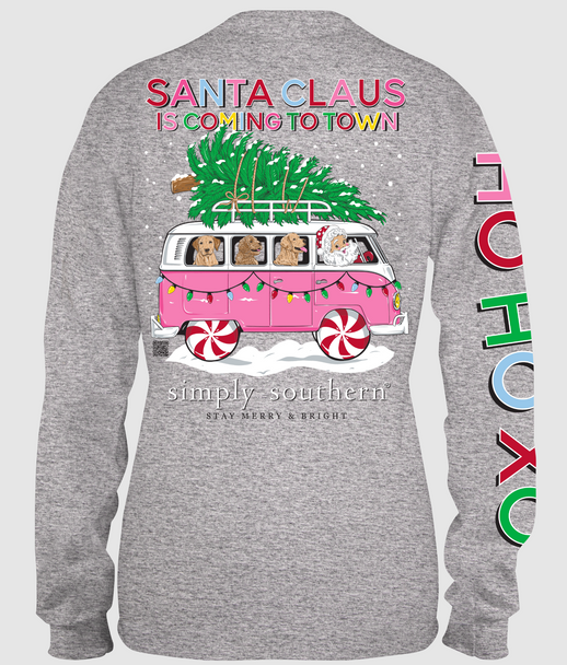 simply southern long sleeve tee santa claus is coming to town pink bus peppermint wheels