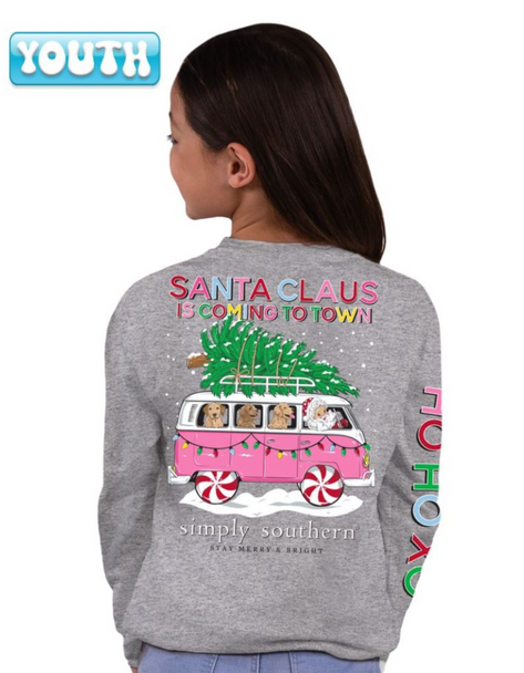 simply southern long sleeve tee santa claus is coming to town pink bus peppermint wheels