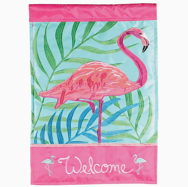 house flag pink flamingo welcome palm tropical coastal house flag