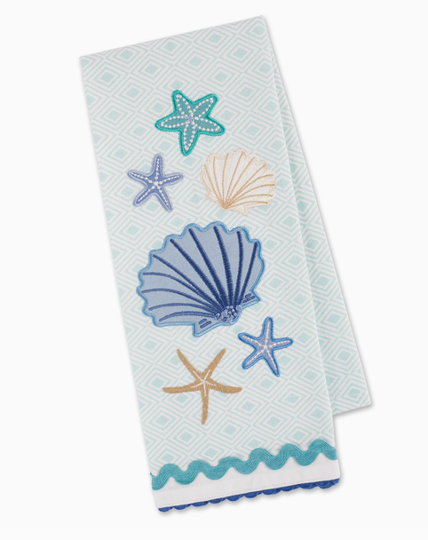 embellished coastal kitchen dish towel seashells tea towel