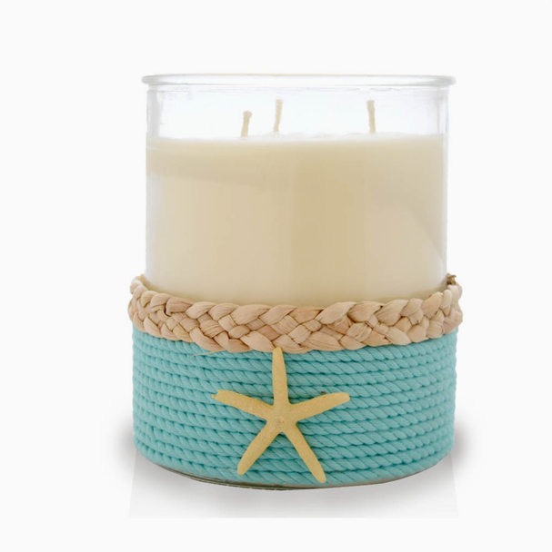 3 wick coastal starfish candle beach linen 34oz starfish aqua