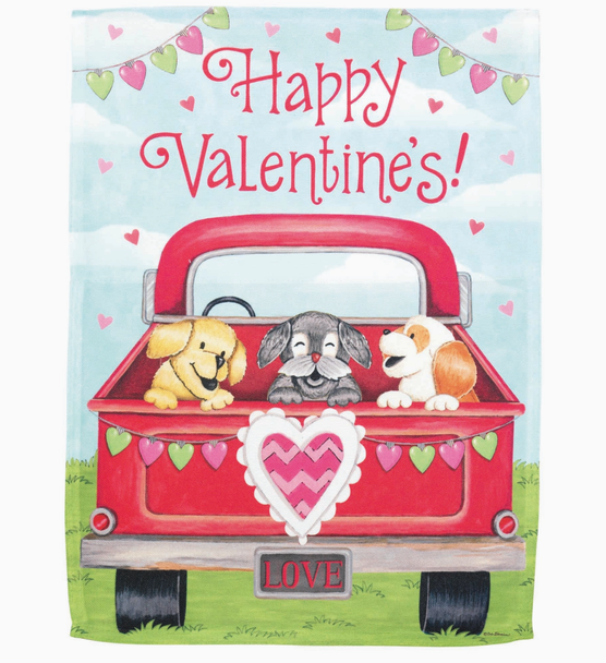 garden flag happy valetine's day dog puppy truck red truck dog hearts