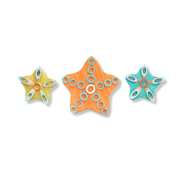 set of 3 colorful funky wooden starfish wall art coastal decor