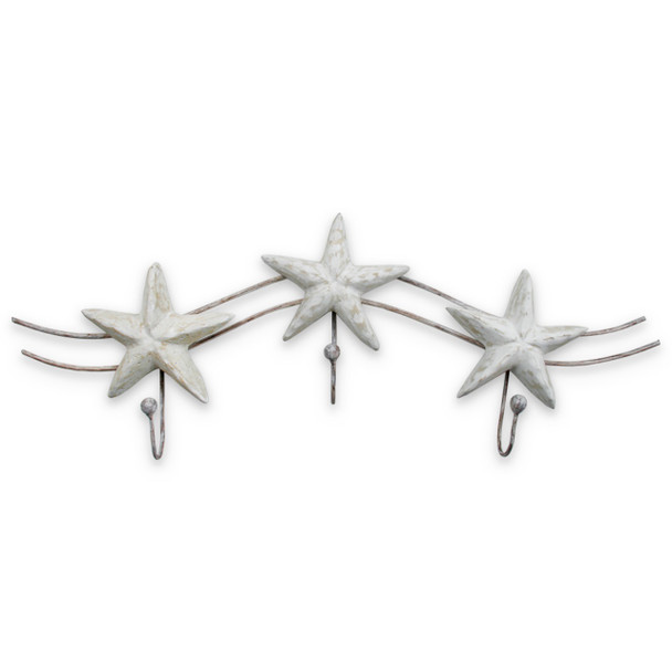 large white starfish wall hooks trio on metal wave