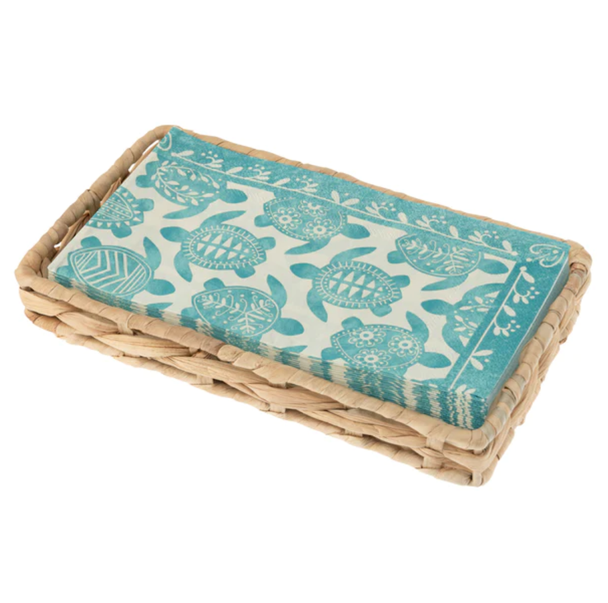 coastal woven napkin holder basket with aqua sea turtle napkins