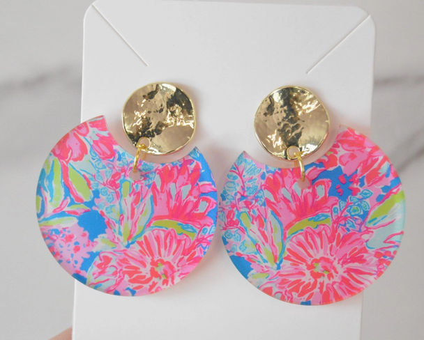 acrylic round earrings with gold lilly pulitzer inspired floral tropical