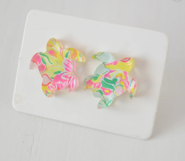 tropical floral sea turtle stud earrings lilly pulitzer inspired acrylic earrings