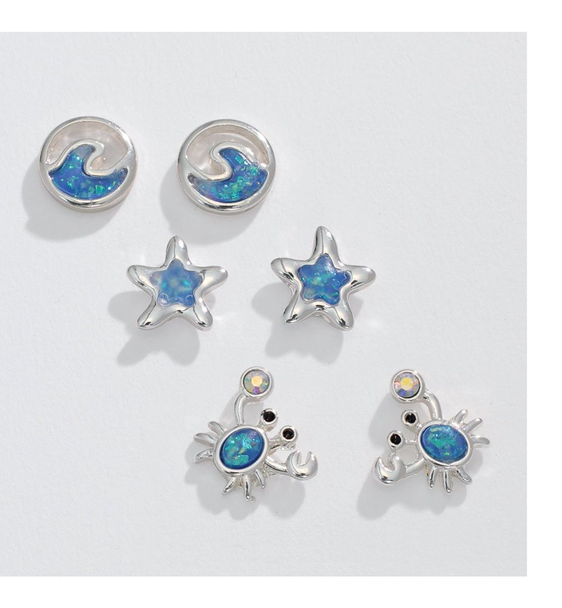 coastal trio set of 3 blue glitter sea life earrings wave starfish crab