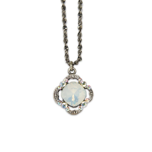 White Opal Cushion Cut Crystal with Frame Necklace
