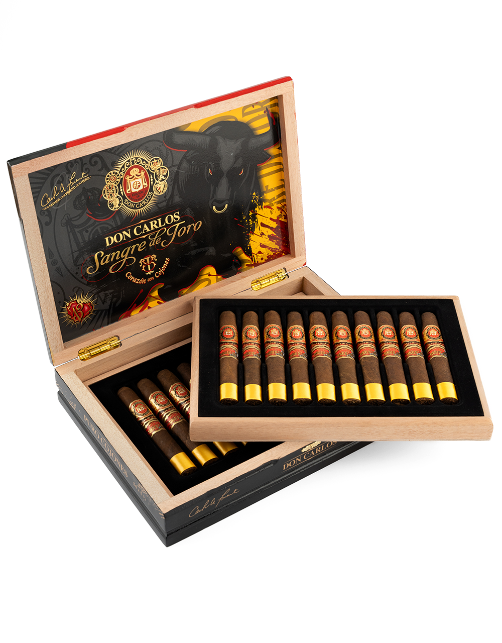 Arturo Fuente Don Carlos Sangre de Toro Puro Cojones Box Open Angled