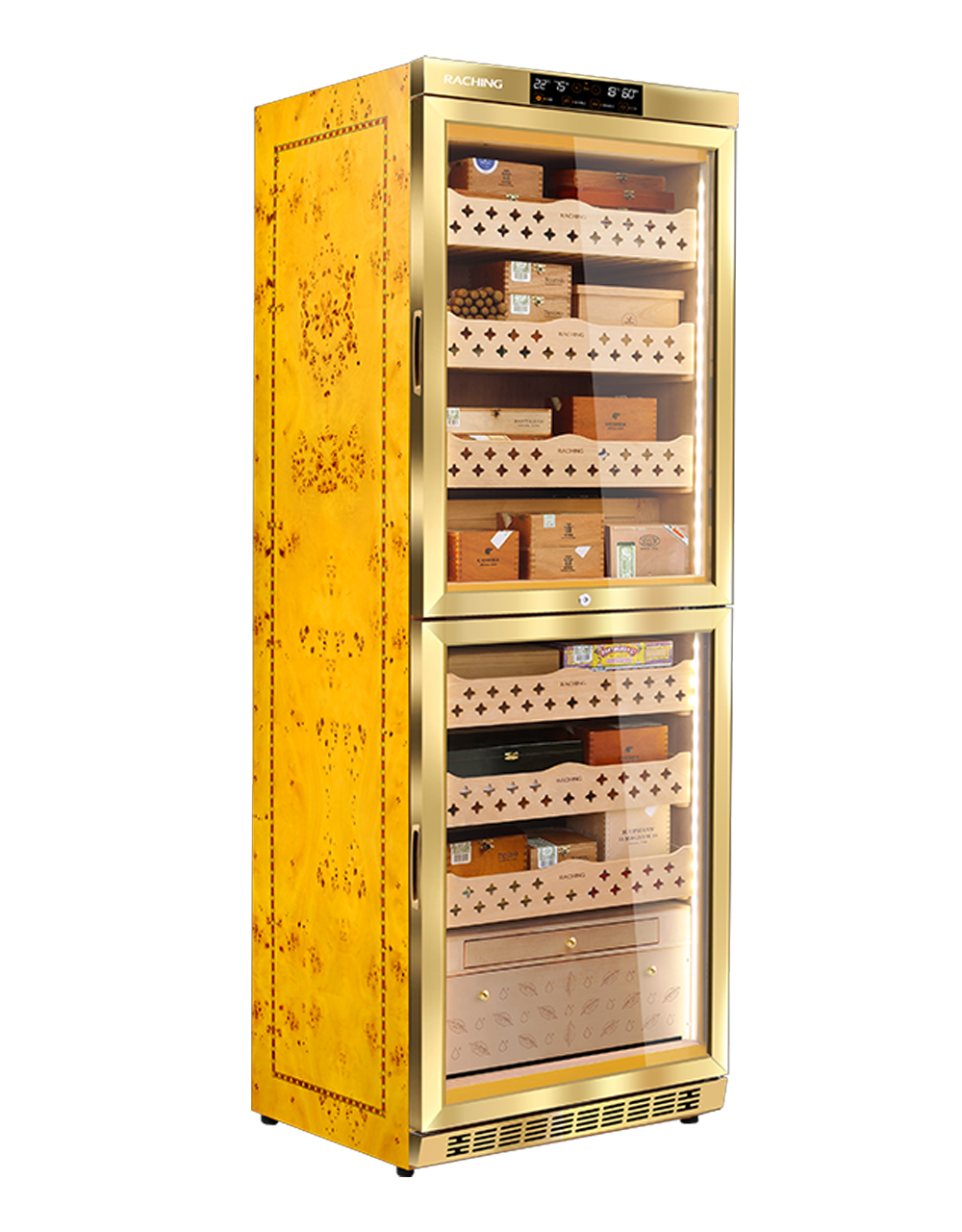Raching MON3800B Dual Space Cigar Humidor Cabinet Gold Front View