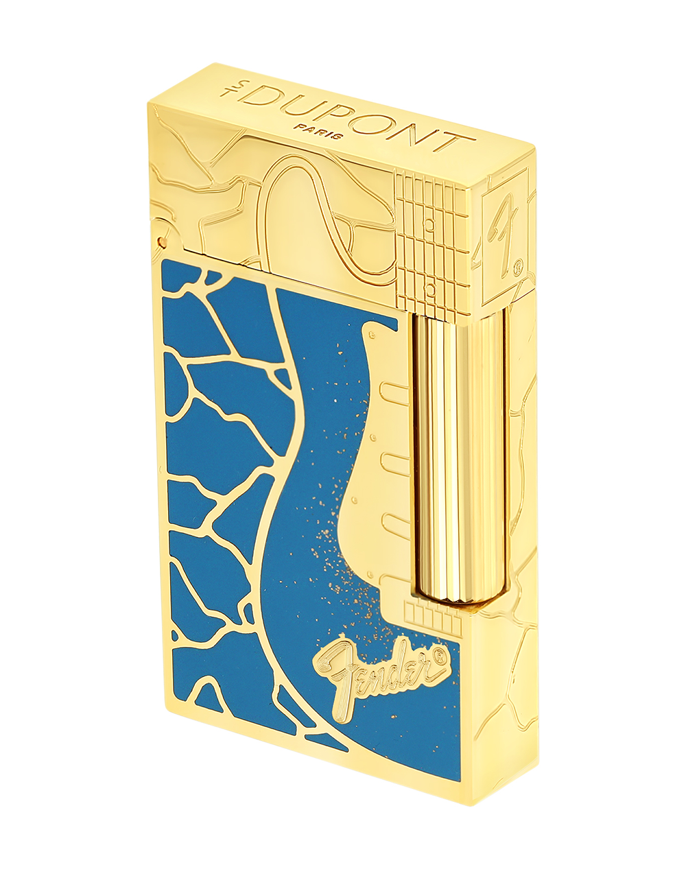 S.T. Dupont x Fender Line 2 "Perfect Ping" — Blue/Yellow Gold Face Angle