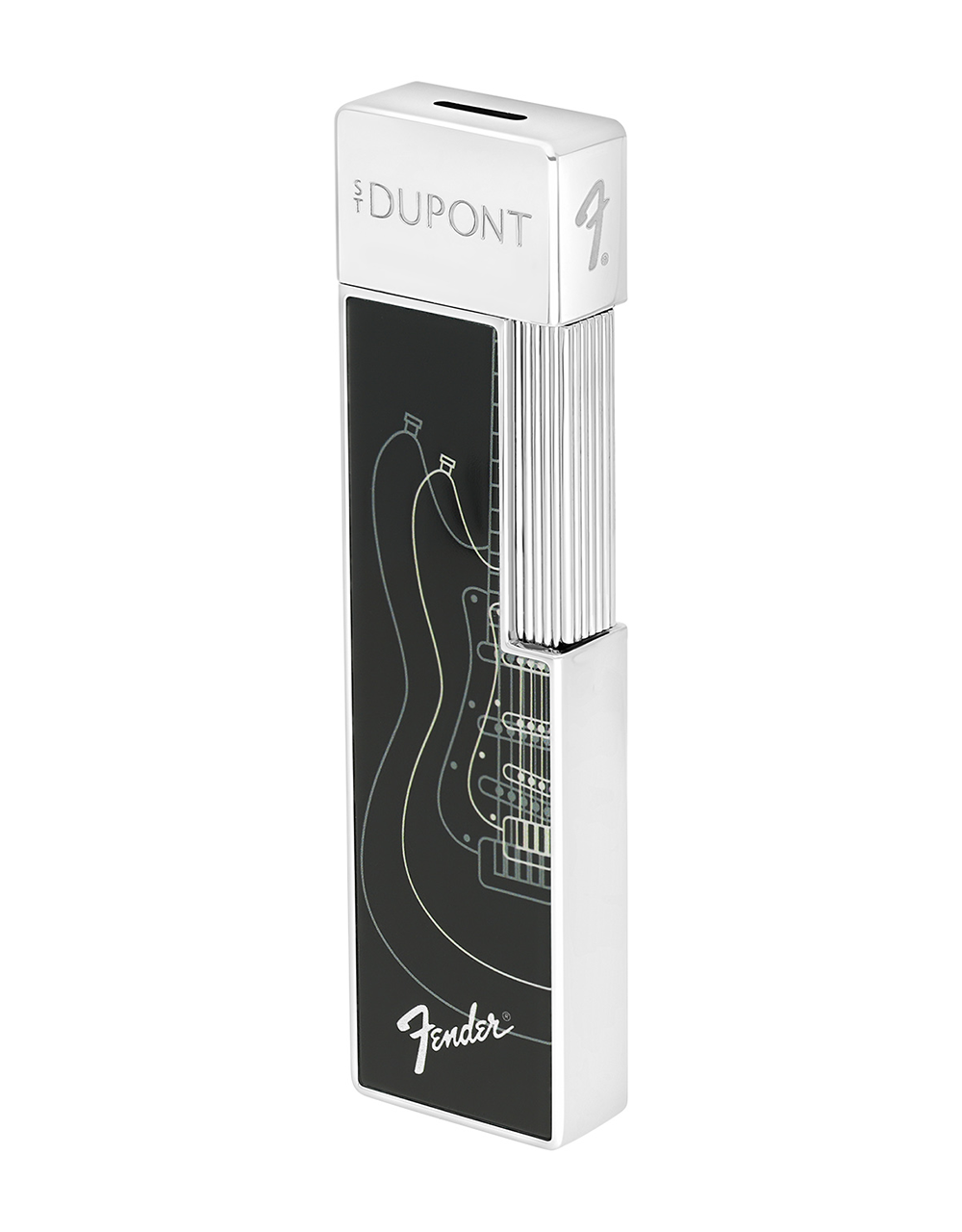 S.T. Dupont x Fender Twiggy Lighter — Black/Chrome Face Angle