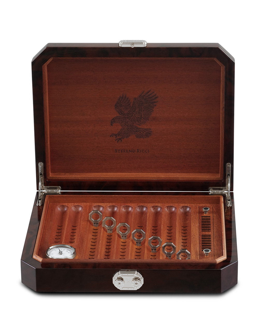 Stefano Ricci Travel Humidor — Horse / Palladium, Top Open