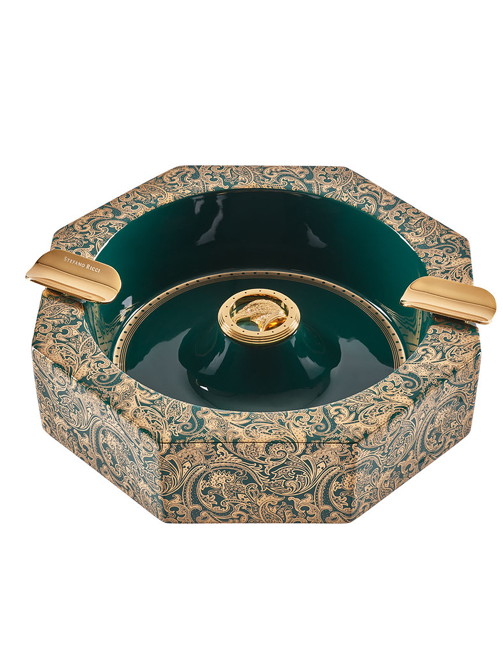 Stefano Ricci SR Porcelain Octagonal Ashtray — Green Fine Paisley / Gold, Top, Angle