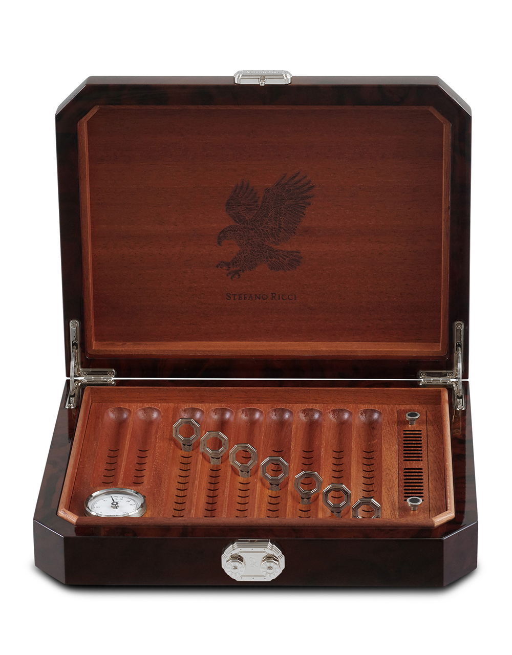 Stefano Ricci SR Travel Humidor 9 Cigars — Black Walnut Root / Palladium, Top, Open