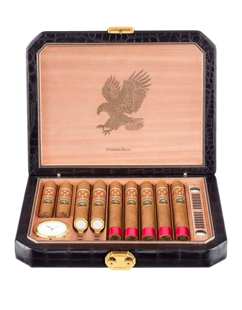 Stefano Ricci SR Travel Humidor 9 Cigars — Crocodile Leather / Gold, Top, open
