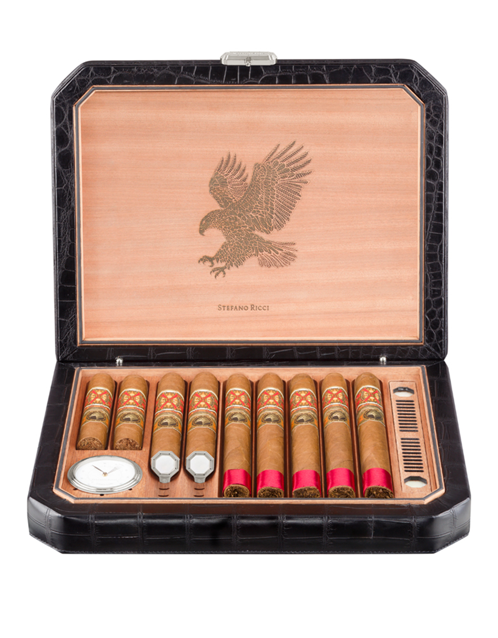 Stefano Ricci SR Travel Humidor 9 Cigars — Crocodile Leather / Palladium, Top, Open