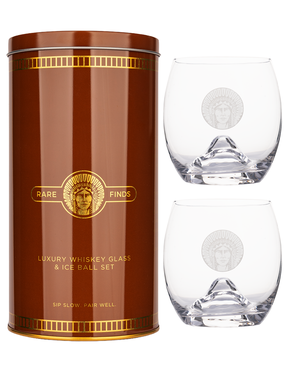 TOG branded whiskey glasses and TOG branded ice ball molds