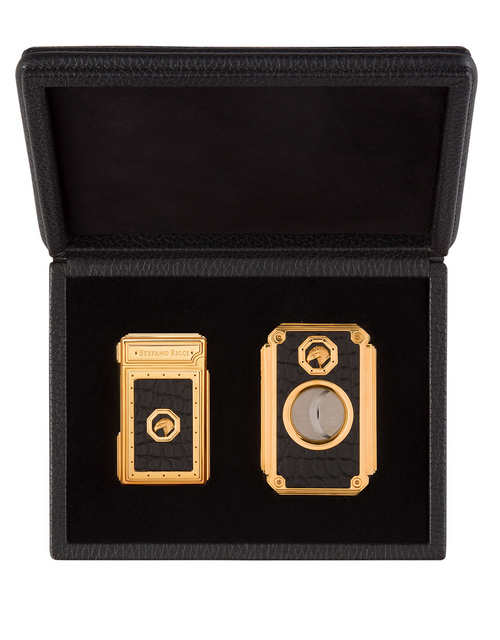 Stefano Ricci SR Dual Flame Lighter & Cigar Cutter Kit — Crocodile Black / Gold, Face, Case Open