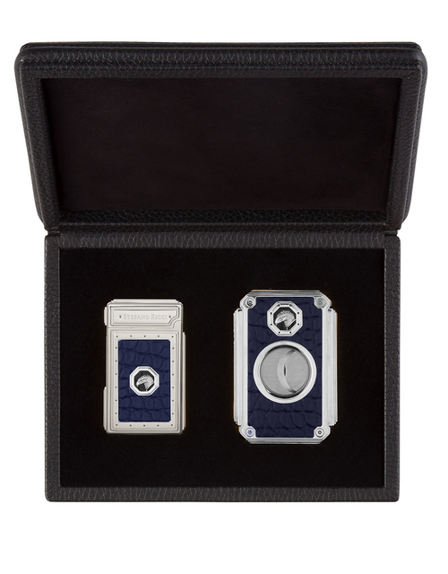 Stefano Ricci SR Dual Flame Lighter & Cigar Cutter Kit — Crocodile Blue / Palladium, Face, Case Open
