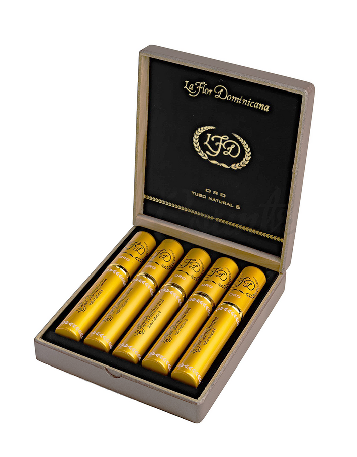 La Flor Dominicana LFD Oro Natural No 6 Tubo Box Open