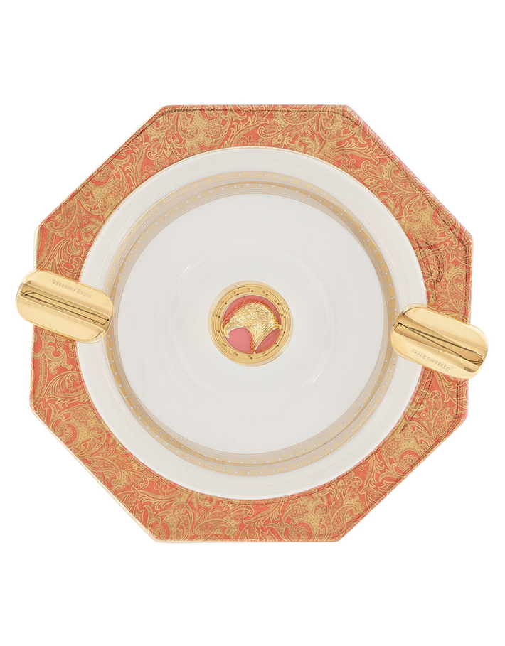 Stefano Ricci Octagonal Porcelain Ashtray in Red and Fine Paisley Face Top View Stefano Ricci Octagonal Porcelain Ashtray in Red and Fine Paisley Face Top View