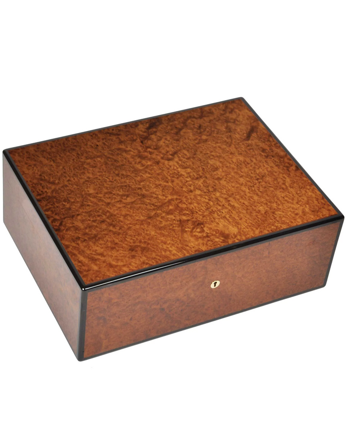 Elie Bleu Classic Wooden Humidor For 200 Cigars - Amboyna Burl Closed Angled