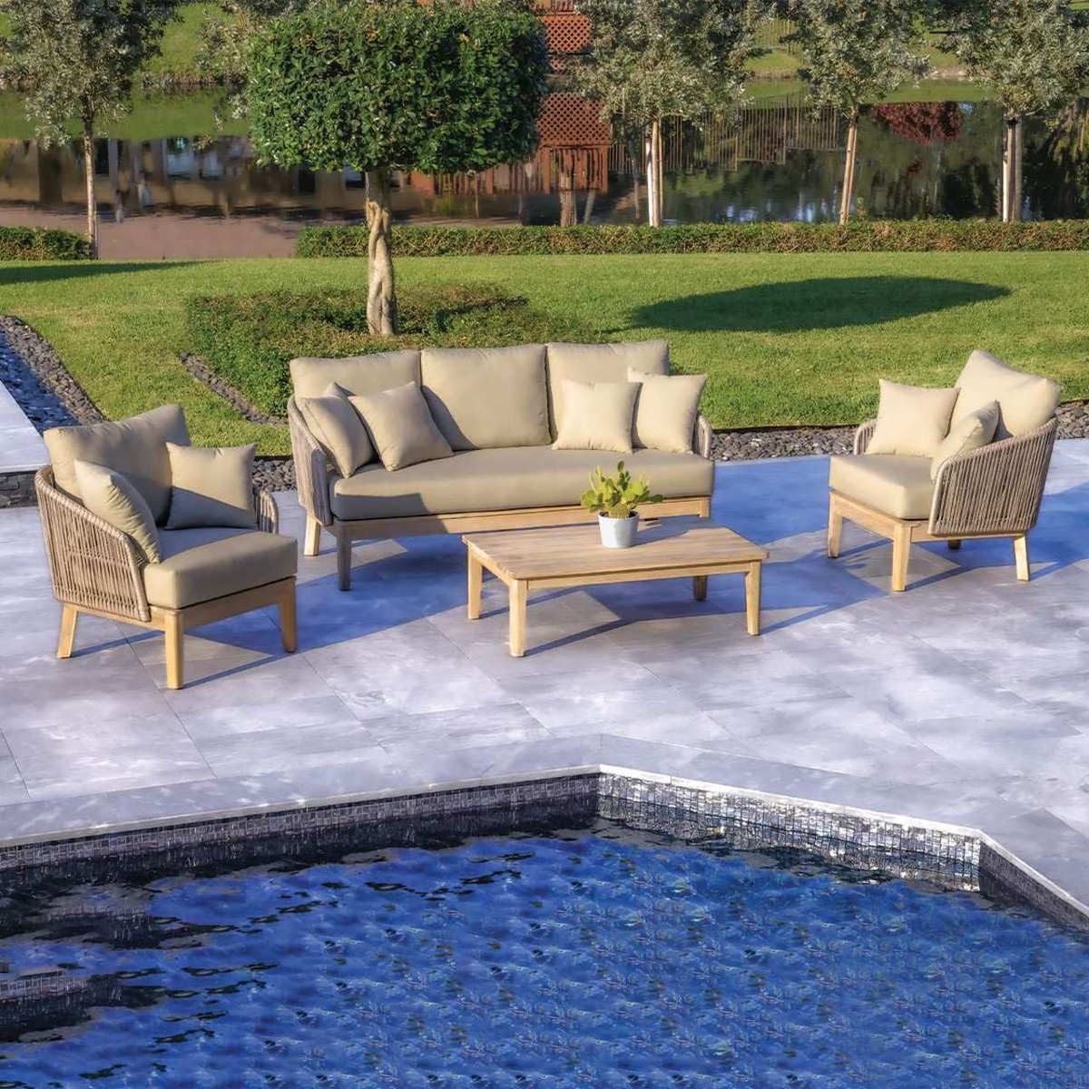 OUTSY Lana 4-Piece Outdoor Wicker Furniture Set in Brown with Wicker Coffee Table