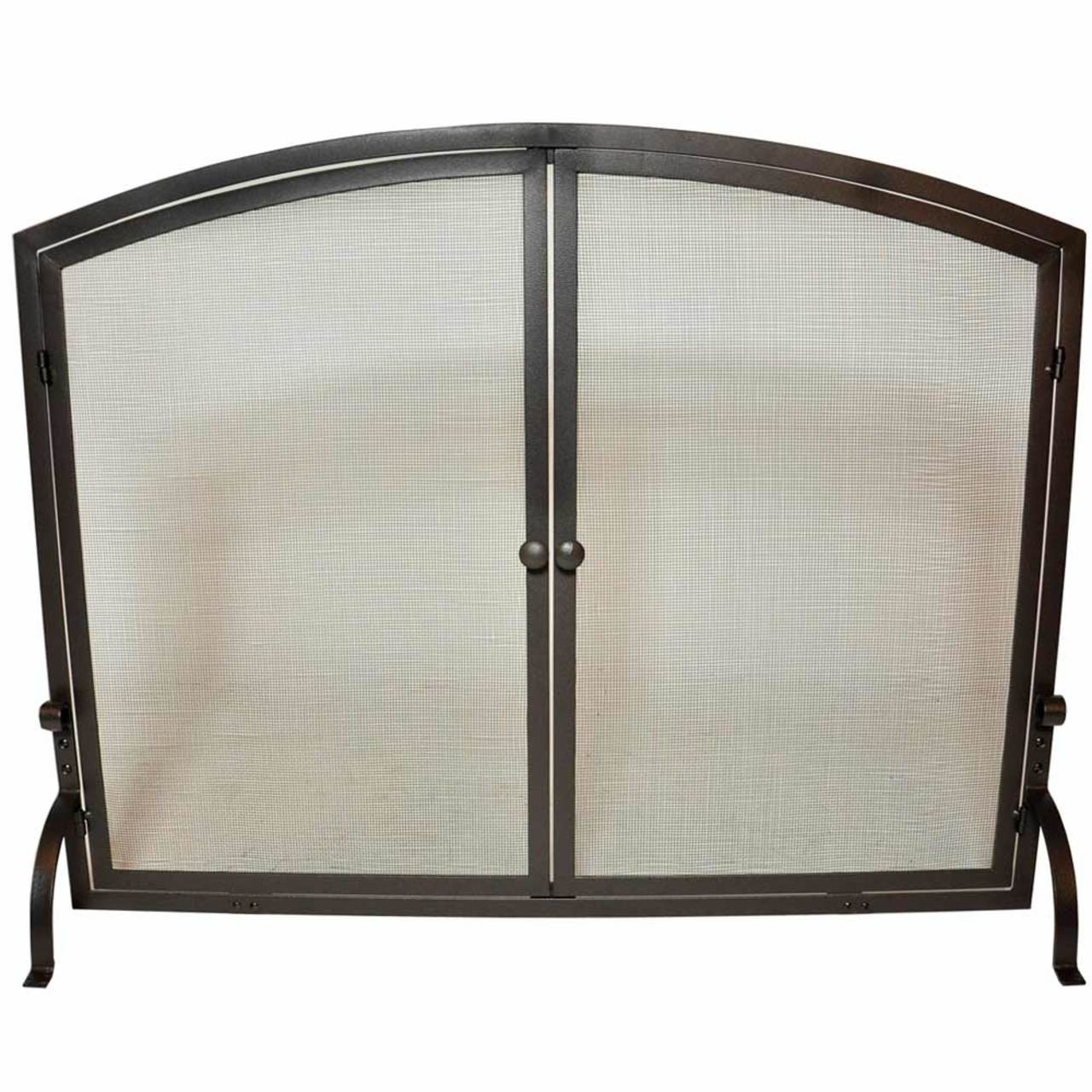 Indus. 44 Wide, Wrought Iron Freestanding Flat Fireplace Screen w/ Doors.  Heavy Duty, with Feet. Mesh Screen, Modern Mission Style, Brown Metal