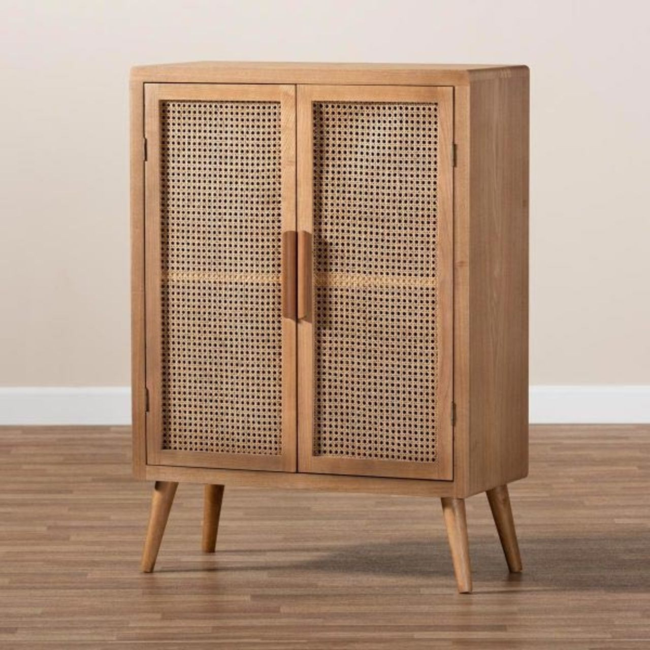 Baxton Studio Alina Medium Oak Wood and Rattan 2 Door Accent