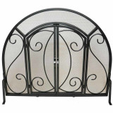 Single Panel Ornate Fireplace Screen with Doors - Black