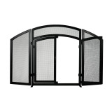 3 Panel Black Wrought Iron Arch Top Fireplace Screen with Doors